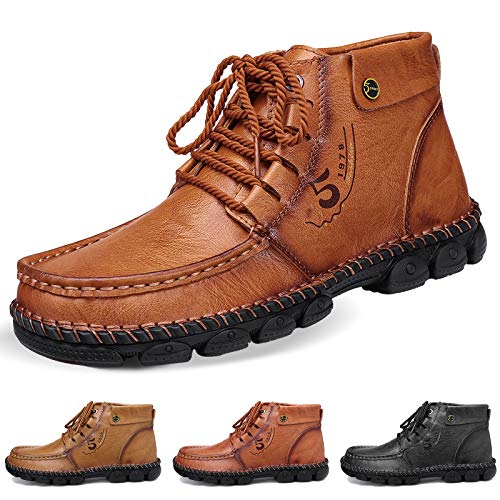 Camfosy Leather Ankle Boots for Men, Mens Winter Boots with Fur Slip on Casual Shoes Wide Comfort Dress Shoes Fashionable Breathable Driving Shoes Boat Walking Shoes Handmade Flat Sneakers Red Brown 13