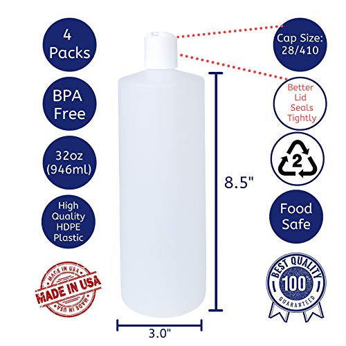32oz 28/410 HDPE Plastic Cylinder Squeeze Bottles with Dispensing White Press Disc Top Caps, for Shampoo, Conditioner, Lotion, Any Liquid Products, Multi-Use Refillable Bottles (Pack of 4)2
