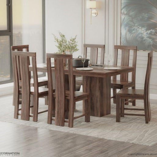 Image of DecorNation Nyla Solid Wooden 6 Seater Dining Table Set with Chairs | Large Rectangular Dining Table | Cushioned Ergonomic Backrest Chairs | Modern Dining Furniture for Home