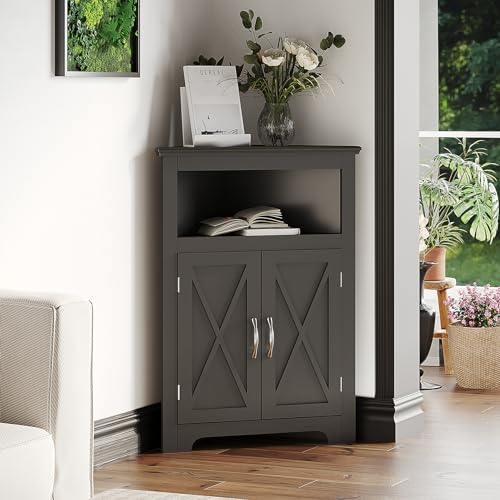Small Black Corner Storage Cabinet with Barn Door Design for Home Spaces
