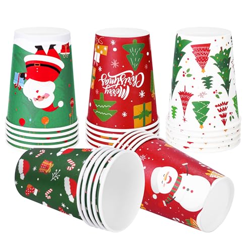 Fovths 25 Stück Weihnachts-Pappbecher 9oz Glühwein Einweg-Pappbecher 5 Designs Weihnachts-Partybecher für Heißgetränke drinnen Punschbecher Partyzubehör Tischdekoration