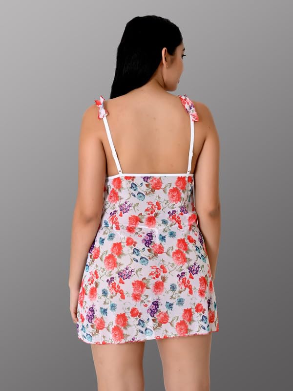 Image of Women's Net Lace Babydoll Lingerie Set | Multicolor Floral Print - Sleeveless Sleepwear with Adjustable Straps and G-String Panty.