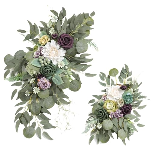 Perfk ウェディングアーチフラワー、造花スワッグ、壁装飾ウェルカムサイン、花飾りスワッグ、玄関用花飾り背景, 紫