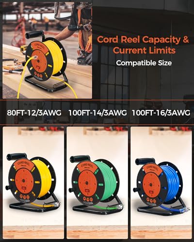 image for WILAWELS Extension Cord Storage Reel with 4-Grounded Outlets, Heavy Du