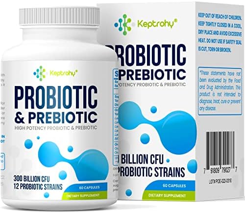 Keptrohy Probiotics for Women and Men, 300 Billion CFU Probiotics from 12 Strains Probiotic, Organic Prebiotics Blend, Shelf Stable Probiotic Supplement for Gut Immune & Digestive Health, 60 Capsules