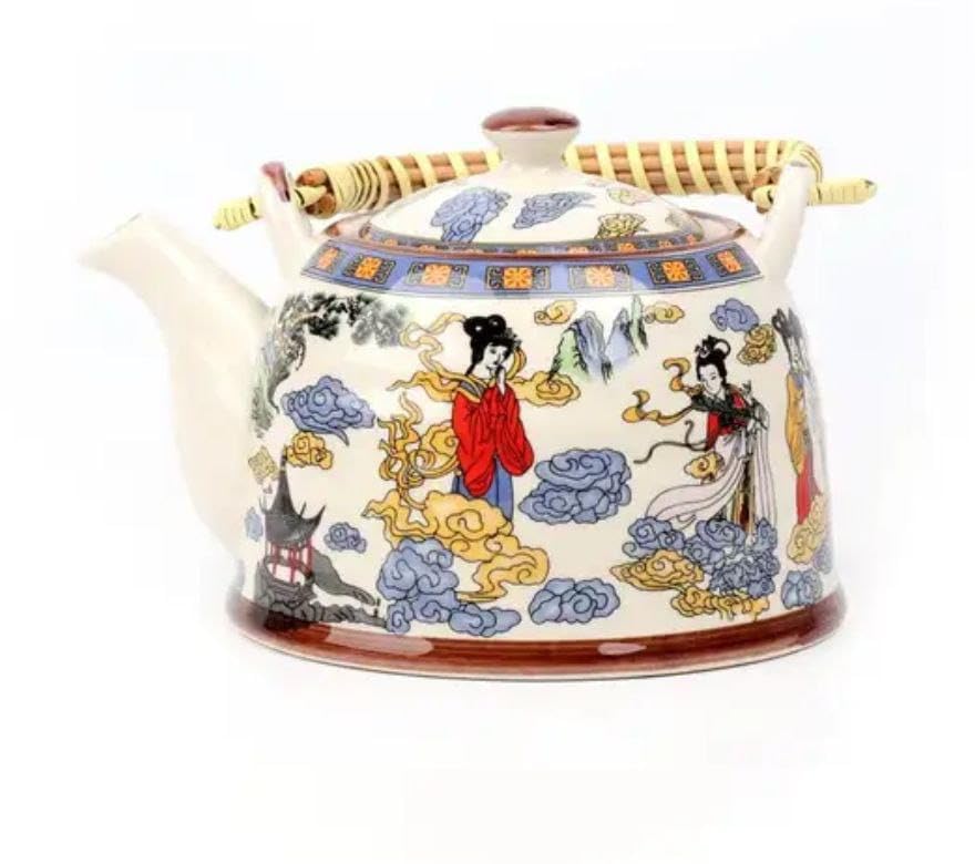 RAAHA Ceramic Kettle 'Nature Forest': 1000 ml Tea Coffee Pot, Steel Strainer Included-image-8