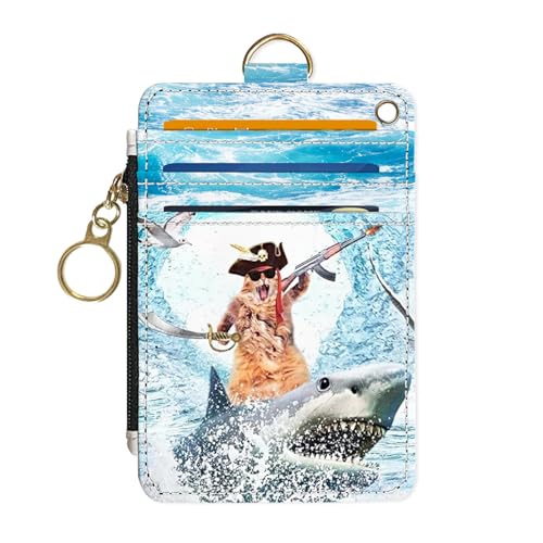 Slim Wallet Credit Card Holder, Sharks and Cats, RFID Wallet Women Cute Small Front Pocket Wallet With Zipper, PU Leather Thin travel RFID Blocking Card Case ID Window,Ladies Gifts