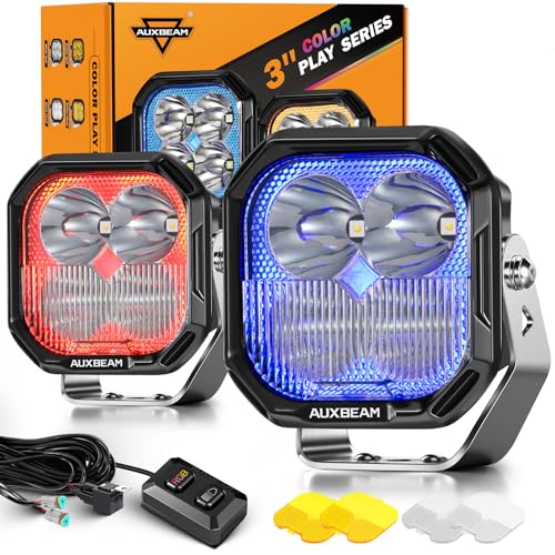 Auxbeam RGB Color Changing 3" LED Pods 116W Off-Road Lights 7+1 Ambient Backlight Gradient Cycle Accent Lighting, Spot Flood Combo, Amber White Lens Covers, Color Play Series Combo Beam