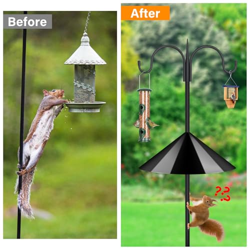 Image of FEED GARDEN Heavy Duty Shepherds Hook Squirrel-Proof Bird Feeder Pole 108 inch Double Hooks 5-Prong Base & 19 inch Baffle for Outdoor Feeders & Plants