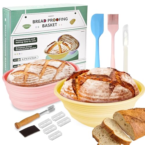 Banneton Bread Proofing Basket Set of 2,Silicone Sourdough Starter Kit,10 Inch Oval & 9 Inch Round Sourdough Bread Baking Supplies Tools,Bread Baskets Gifts for Bakers