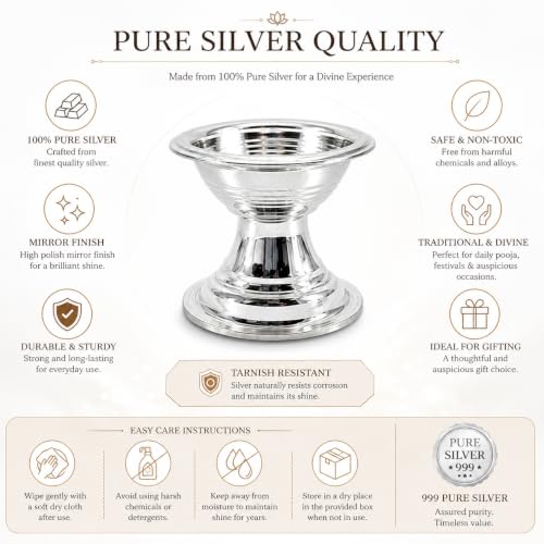 Image of 925 Sterling Silver Diya for Pooja | Handcrafted Silver Deepam Ghee Vilakku Lamp | Home Temple Decor | Silver Pooja Item