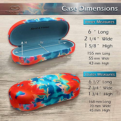 MyEyeglassCase Hard Sunglasses Case in Tie Dye Print - Glasses Case Holder for Medium to Large Frames, Eyeglass case Hard shell with Drawstring Pouch and Cleaning cloth (AS87 Tie Dye Orange Blue)