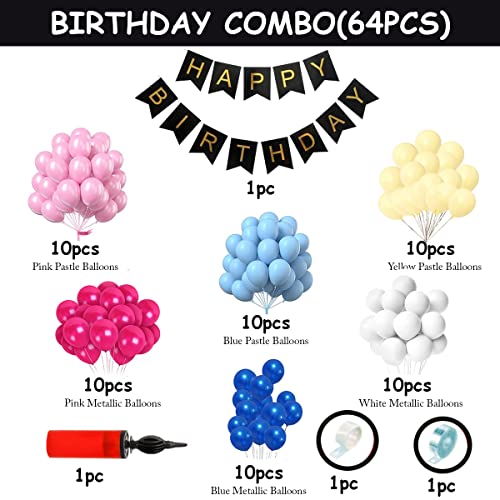 Image of Party Propz Multicolor Happy Birthday Balloons for Decoration - 64Pcs | birthday balloons with pump | balloons for birthday | balloon decoration for birthday | happy birthday banner (Cardstock)(Latex)