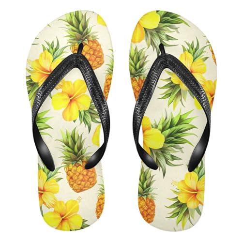 Pineapple Hibiscus Floral Beige Flip Flops for Beach Thong Sandals Anti-slip Lightweight Flat Slippers for Summer Swim Travel