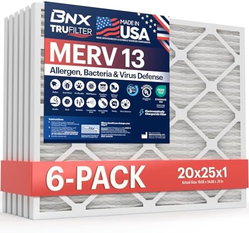 BNX TruFilter 20x25x1 Air Filter MERV 13 (6-Pack) – MADE IN USA – Electrostatic Pleated Air Conditioner HVAC AC Furnace Filters for Allergies, Pollen, Mold, Bacteria, Smoke, Allergen, MPR 1900 FPR 10