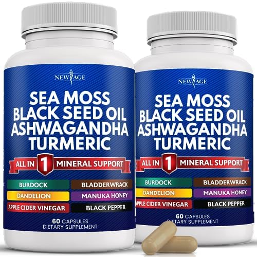 NEW AGE Sea Moss Capsules, Black Seed Oil Ashwagandha Turmeric Bladderwrack Burdock – with Manuka, Honey Dandelion, ACV Black Pepper Gluten Free