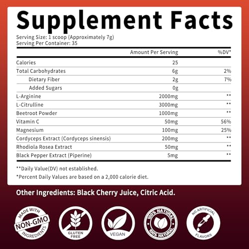 Image of Nitric Oxide Supplement - Beet Root Powder with L-Citrulline & L-Arginine, Nitric Oxide Supplements for Men Women with Beetroot, Supports Energy, Heart Health, Black Cherry Flavor, 35-Day Supply