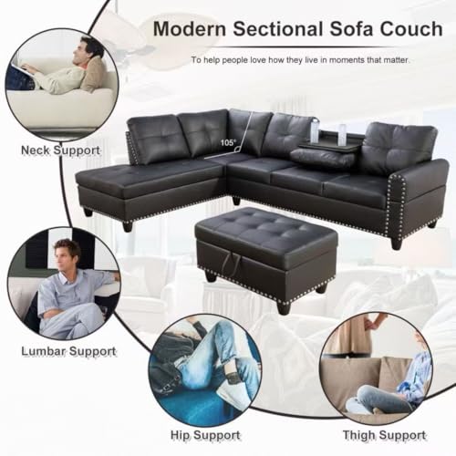 Image of L-Shaped 3-Piece Faux Leather Sofa with Ottoman, Sectional Couch Set for Living Room, Office, Apartment, with Cup Holder, Black