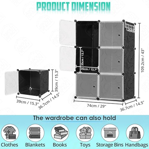 Image of LUHI Plastic Wardrobe for Kids Clothes ? Easy to Use Anti-Skid & Non-Slip Effective Professional, Plastic Cupboard for Kids, Foldable Almirah, Collapsible Wardrobe (Black HM1,6-Shelf-6-Door)