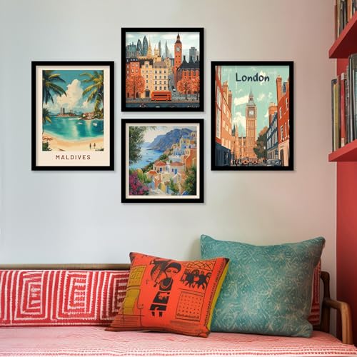 Image of kotart Retro Travel Theme Wall Poster with Frame Modern Art City Vibes Wall Decor Photo Frames - Framed Posters / Paintings Set of 8 (Art 1 Small(10x13 or 10x10 inch) Framed)