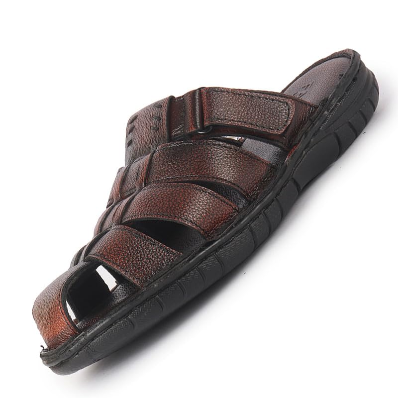 Image of FAUSTO Men Genuine Leather Multi Strap Closed Toe Broad Feet Slip On Slippers with Adjustable Strap | Roman Sandals
