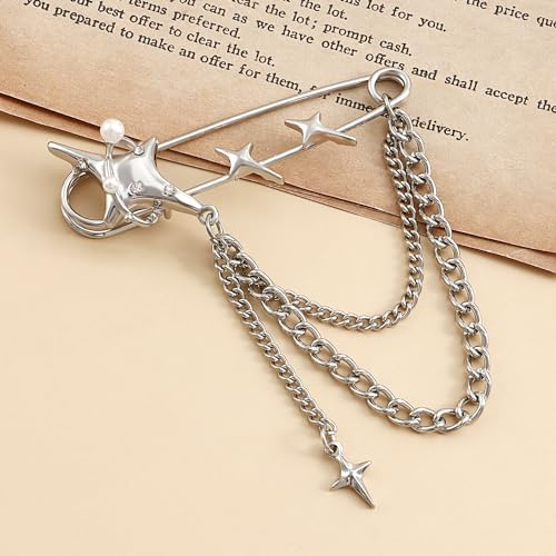 Image of Vintage Tiny Star Moon Brooches Pins Y2K Pins Jewelry Shining Shooting Star Opal Moon Heart Pendant Lapel Pin Women Safty Pin Fashion Clothes Accessories