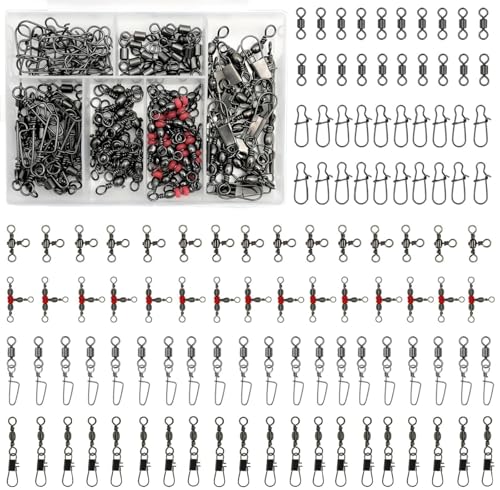 FINOSEAK 110Pcs Strong Fishing Snap Swivels Kit Include Rolling Barrel Swivels Premium 3 Ways Fish Line Connector with Snaps Clips Fishing Terminal Accessories Tackle Box for Lures Sinkers