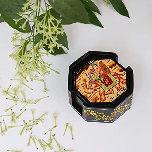 Image of Swadeshi Blessings Wooden Octagonal Coffee /Tea Coasters Set- Handcrafted & Hand-Painted for Kitchen /Table & Home Decor /Dinning /Gifts /Restaurants /Living Room /Coffee Table (Set of 6) (Red)