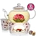 Teabloom Petite Cherry Blossom Teapot & Flowering Tea Gift Set - Glass Teapot (27 OZ / 2-3 Cups), Porcelain Lid, Loose Tea Infuser, Tea Warmer + Candle, 2 Flowering Teas