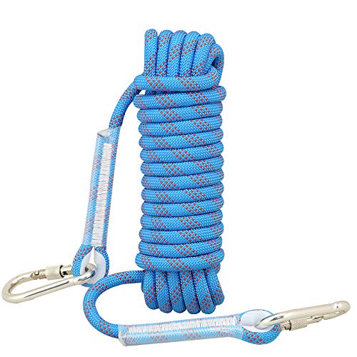Syiswei Rock Climbing Rope 12MM, Upgraded Coating Carabiners Clips(10m,32ft)(20m,65ft) (30m,98ft) Static Outdoor Climbing Rope, Safety Rope Tree Swing Climbing Equipment Parachute Rope(Blue,10m)