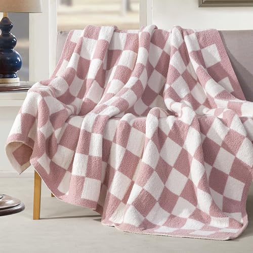 Image of Elegant Comfort Checkered Throw Blanket, Light Pink Super Soft Cozy Fluffy Warm Throw Blankets for Couch, Sofa, Chair, Bed, Camping, Picnic, Travel Lightweight Bed Blanket (50 inch x 70 inch)