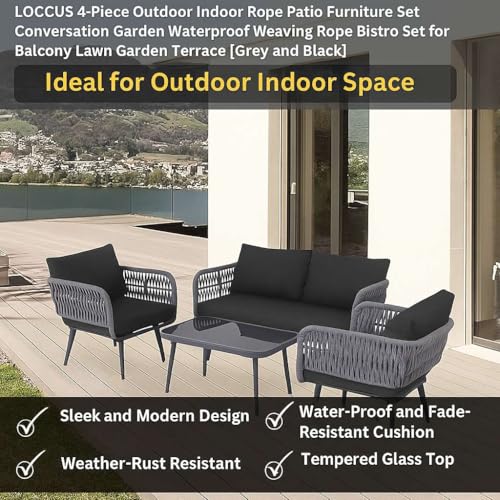 Image of LOCCUS 4-Piece Outdoor Rope Patio Furniture Set - All-Weather Waterproof Conversation Set with Cushions, Modern Woven Bistro Set for Balcony, Lawn, Garden, or Terrace (Black & Grey)