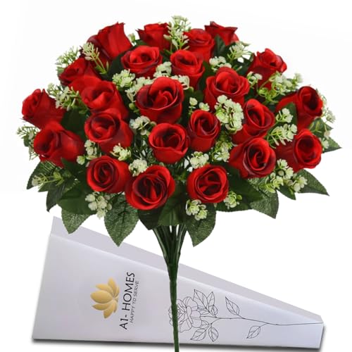 A1-Homes 41cm Artificial Silk Red Rose Bush with Gyp & Foliage 24 flower heads- Wedding Grave Home Decoration