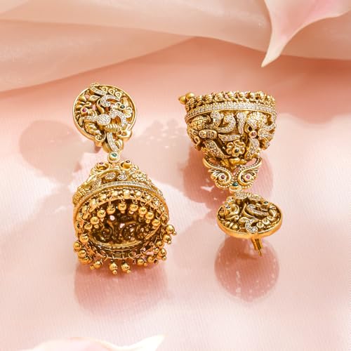 Image of Rubans Gold-Plated Jhumka Earrings for Women & Girls | Jhumki Traditional Wedding Fashion Ethnic Designer Jewellery Statement Gift