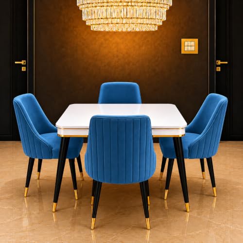 Image of WOODEN SPACE 4 Seater Wooden Dining Table Set | Urban Marble Top Dining Table with Chairs for Dining Room & Kitchen (Modern Infinity Backline Blue) (42 x 42 x 30 inch)