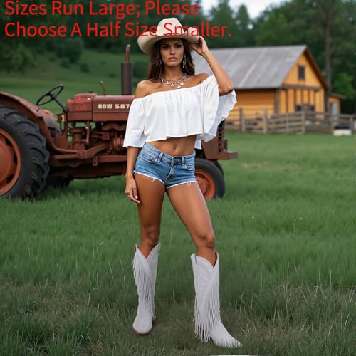 Image of Cowgirl Boots for Women Retro Pointed Toe Pull On Block Chunky Heel Embroide Tassel Country Concert Outfits Mid Calf Western Fringe Cowboy Boots