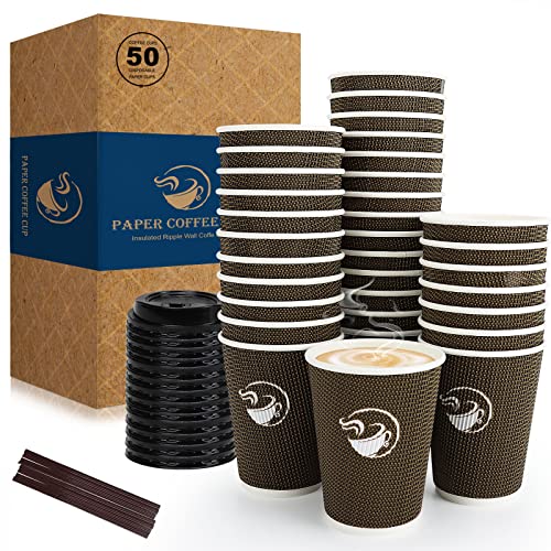 Disposable Coffee Cups With Lids And Straws12 Oz, Premium Insulated Paper Ripple Cups Paper Coffee Cups 12 Oz With Lids And Straws, Hot Beverage Cups, To Go Coffee Cups For Shops, Cafes (50 Pack) #TOP26