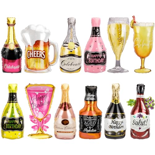 12PCS Aluminum Foil Helium Mylar Balloons, Champagne Bottle Goblet Hydrogen Whiskey Beer Cup Balloons, Multiple Styles Party Decoration Supplies for Birthday Anniversary Wedding Ceremony (Style 2)