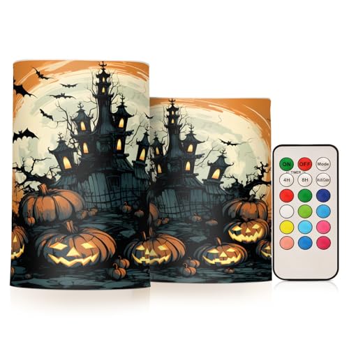 Image of ALAZA Halloween Pumpkins Castle Bat4 Flickering Flameless Candles Battery Operated with Remote Timer,Tea Light Candles LED Pillar Votive Candles Set of 2 for Outdoor Indoor Decorations