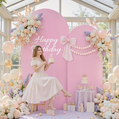 Image of White Pink Arch Cover Set of 2-7.2 and 6ft Arch Backdrop Cover Spandex Wedding Arch Stand Covers for Bridal Shower Baby Shower Girls Birthday Party Banquet Photo Arch Covers Stretchy Backdrop