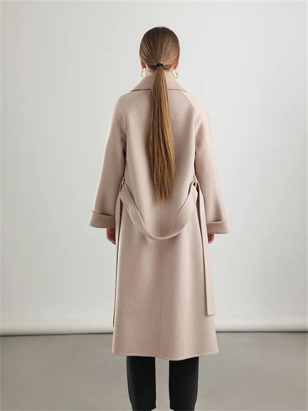 Abrigo largo de lana con cinturón para mujer, clásico, otoño, invierno, cuello vuelto, abrigo largo sólido
