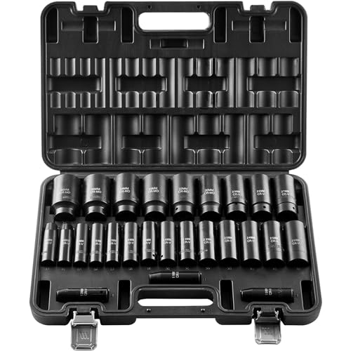 Image of VEVOR Impact Socket Set, 26pcs x 1 /2inch Metric 10mm-36mm Impact Sockets, 6-Point Deep Socket Rugged Construction High-torque, Cr-V 1 /2 Inches Drive Socket Set Impact with a Storage Cage