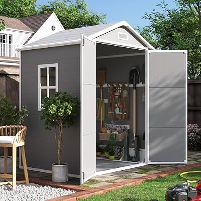 UDPATIO Outdoor Storage Shed 6x4 FT, Garden Resin Shed for Bike, Garbage Can, Tools, Outside Plastic Sheds with Floor for Backyard, Patio, Lawn, Grey & White