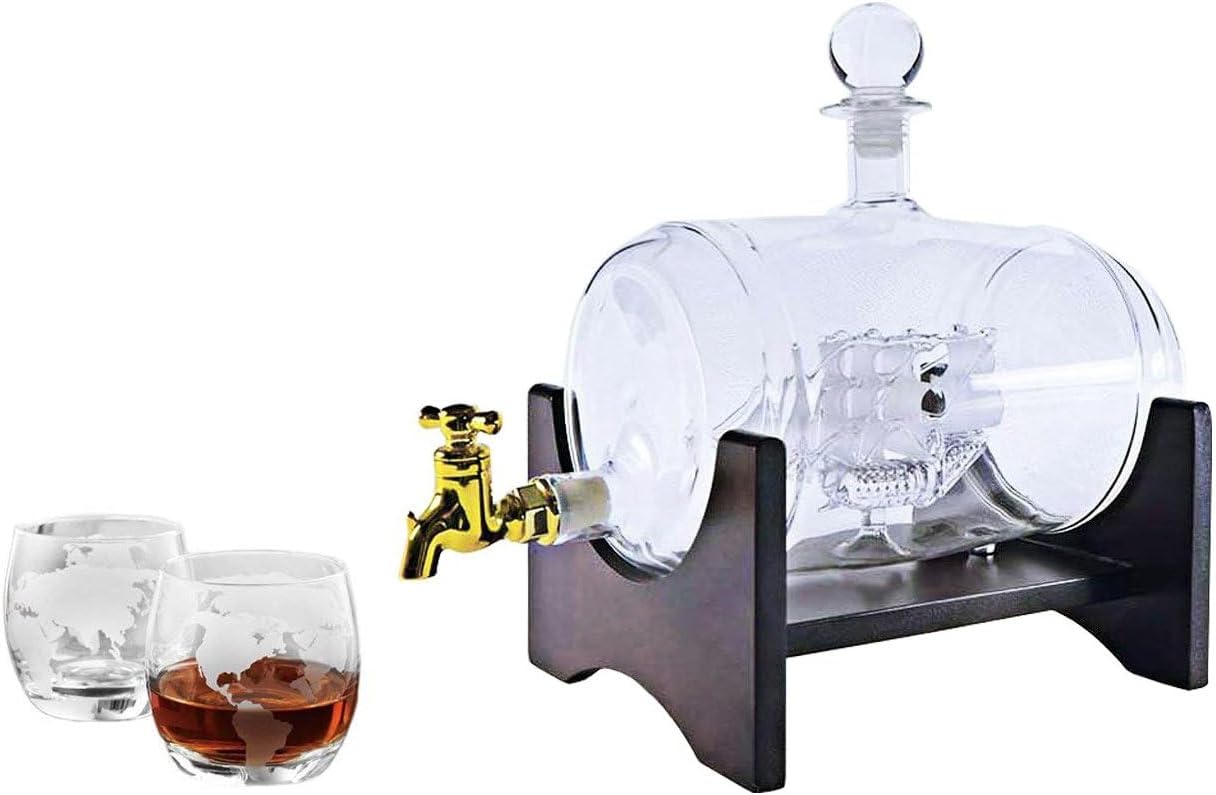 Whiskey Decanter with Ship Inside - Large 40 Ounce Barrel Liquid Dispenser Set with Wooden Stand, Funnel and 2 Etched Globe Glasses – Elegant Liquor Decanter for Home and Bar