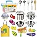 EFO SHM Cucina Giocattolo per Bambini con Cibo e Frutta in Legno, Set di Pentole e Padelle in Acciaio Inossidabile, Utensili da Cucina, Grembiule e Cappello da Cuoco