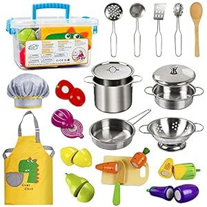 EFO SHM Toy Kitchen Accessories, Wooden Play Food Stainless Steel Cookware Pot & Pan Set, Cooking Utensil Chef Set…