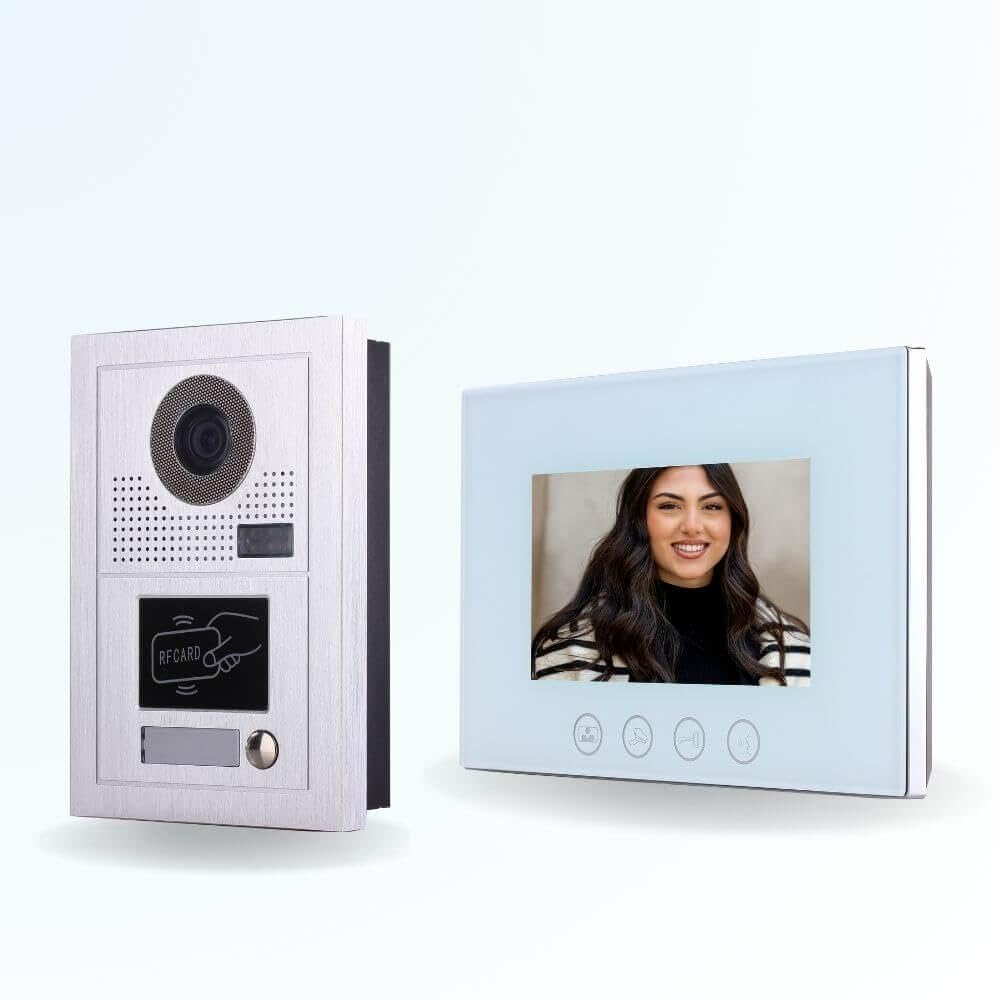 Portier interphone vidéo Classic-2 4 Fils pour 2 entrées - 1 Appartement - 2 platines - 1 écran Blanc 7" - avec mémoire Photos - avec Lecteur de Badge