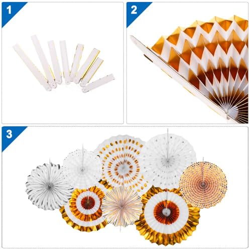 Image of Pop The Party Premium Gold & White Paper Fan Decoration Set | Shimmer Metallic & Polka Dot Rosette Fans for Birthday, Wedding, Anniversary, Party & Home Decor (Set of 8)
