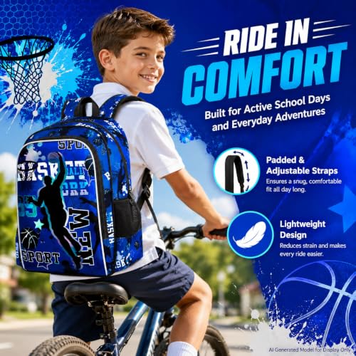 Image of AGSDON 3PCS Boys Backpack, 17 inch Basketball Kids Bookbag with Lunch Box, Backpacks with Water Resistant and Lightweight for Teenagers