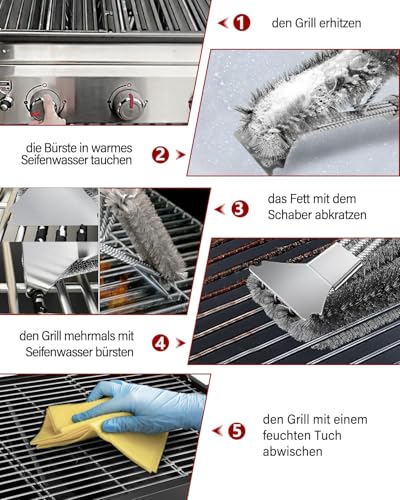 Grillbürste, Grill Reinigungsbürste Edelstahl Schaber, dichte Edelstahlborsten, Extra Langer PP Griff, für Gasgrill, Holzkohlegrill, Kugelgrill, Elektrogril, Grillrost